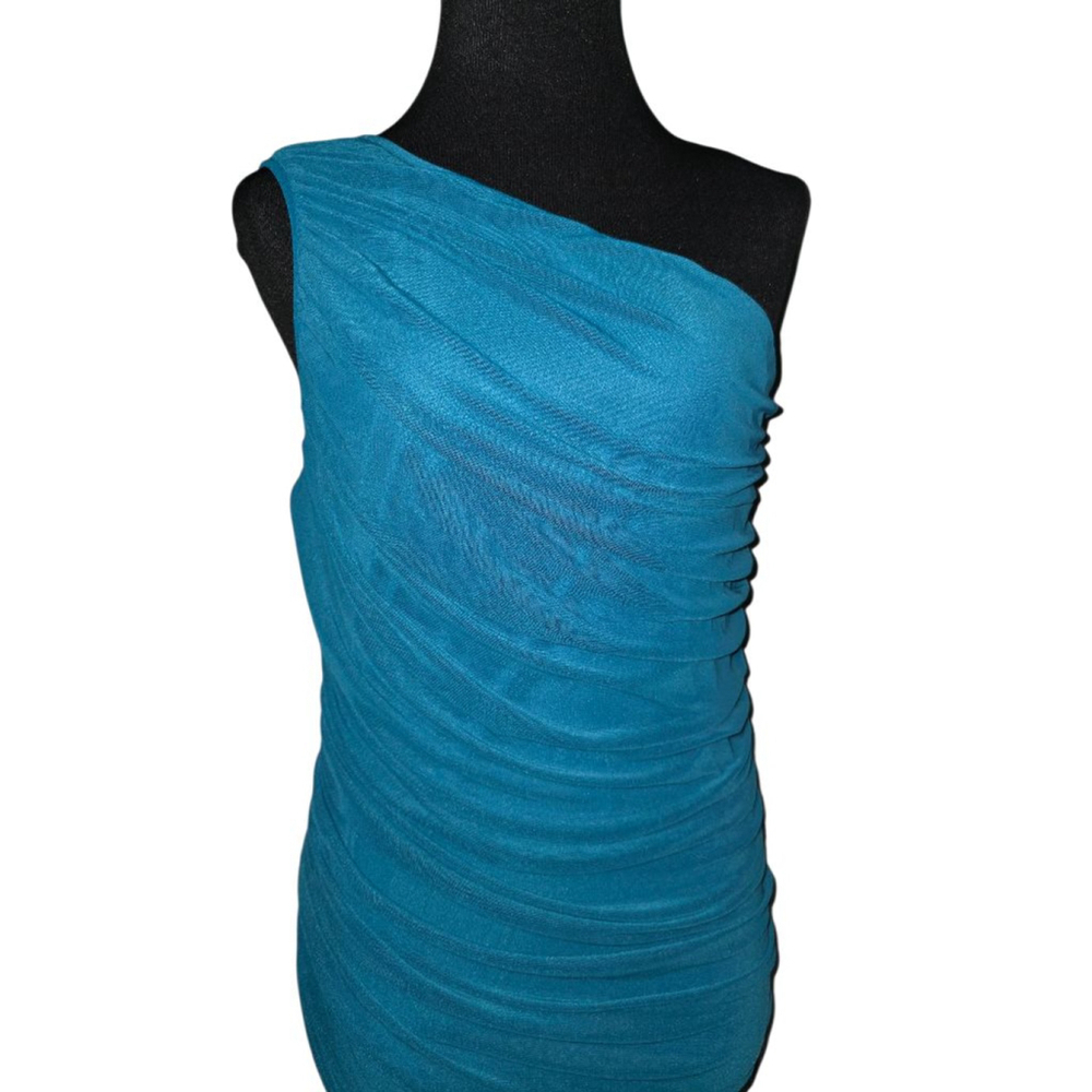 Women's L Pretty Garden Teal Ruched One Shoulder Bodycon Dress - Picture 3 of 5